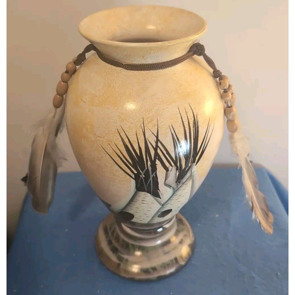 Native American- Style Vase With Feathers Indian ~ 12" Hand Painted - SHIPS FREE